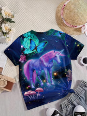 3D Unicorn & Butterfly Graphic Short Sleeve T shirt For Girls Summer Gift