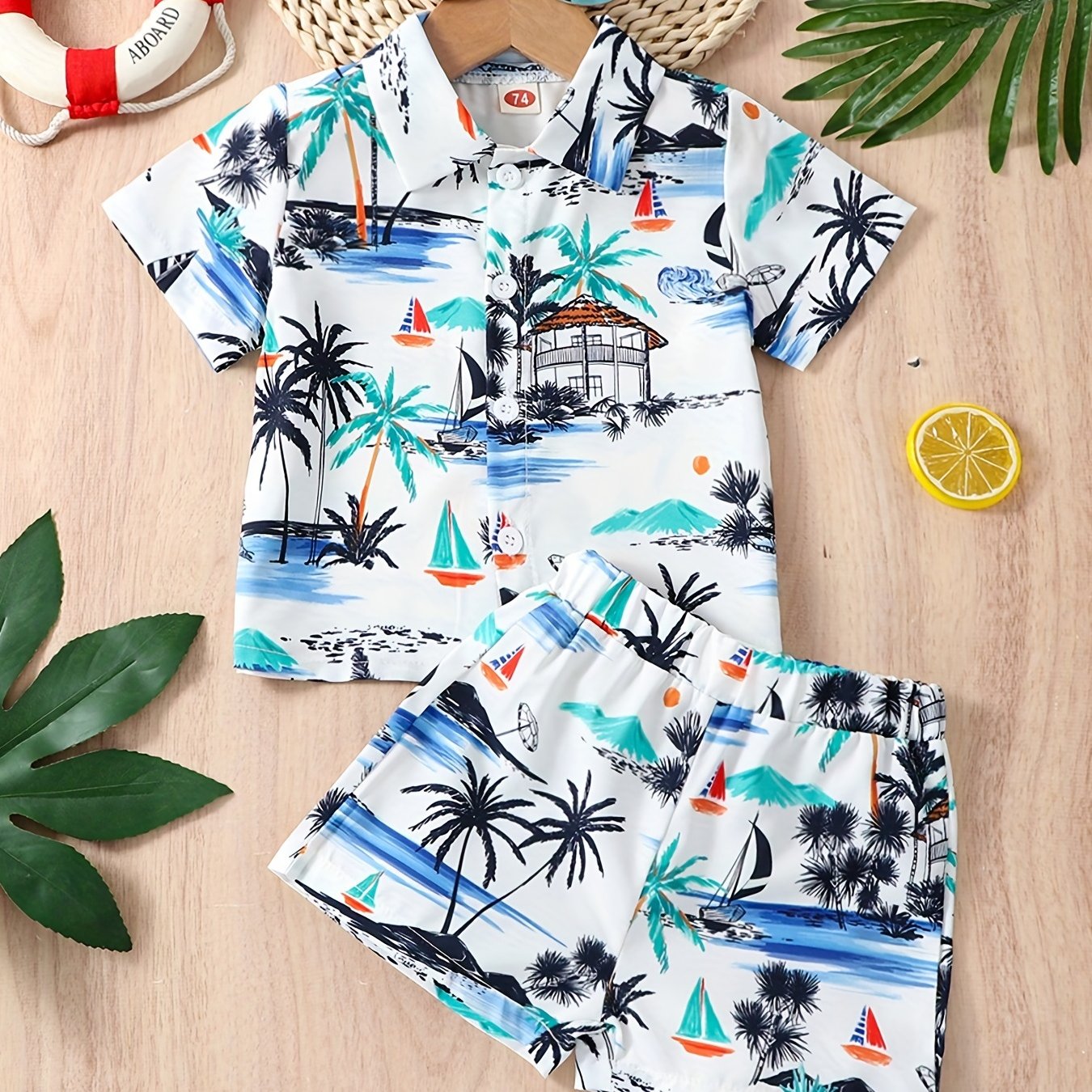 Baby Boys Coconut Tree Print Short Sleeve Shirt & Shorts Set for Summer