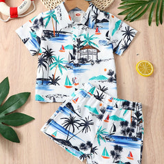 Baby Boys Coconut Tree Print Short Sleeve Shirt & Shorts Set for Summer