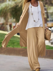 Casual 3-Piece Set: Solid Tank Top, Pants & Cardigan