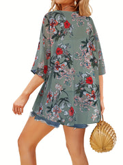 Floral Pattern Cover Up Shirt V Neck Semi Sheer Casual Beachwear Cardigan