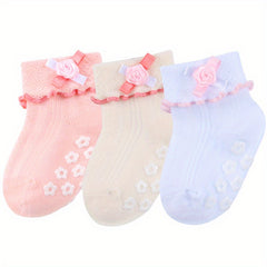 3pairs Bow Decor Non slip Knit Socks Soft Comfortable Breathable Socks