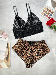 Sultry Floral Lace Lingerie Set Unlined Bra & Leopard Shorts