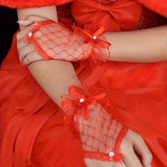 Red Lace Fingerless Bridal Gloves with Rhinestones & Bows