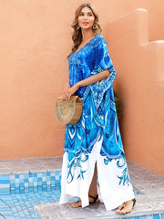 Boho Cover Up Dress Women's Plus Floral Print Bat Sleeve V Neck