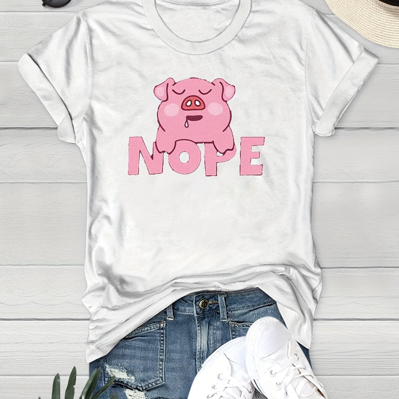 Cute Pig Letter Print Graphic Tee Womens Crew Neck T-shirt