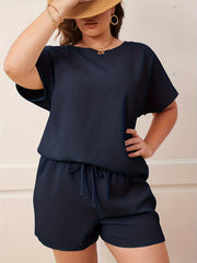 Women's Plus Solid Short Sleeve Top & Tie Shorts Two Piece Set