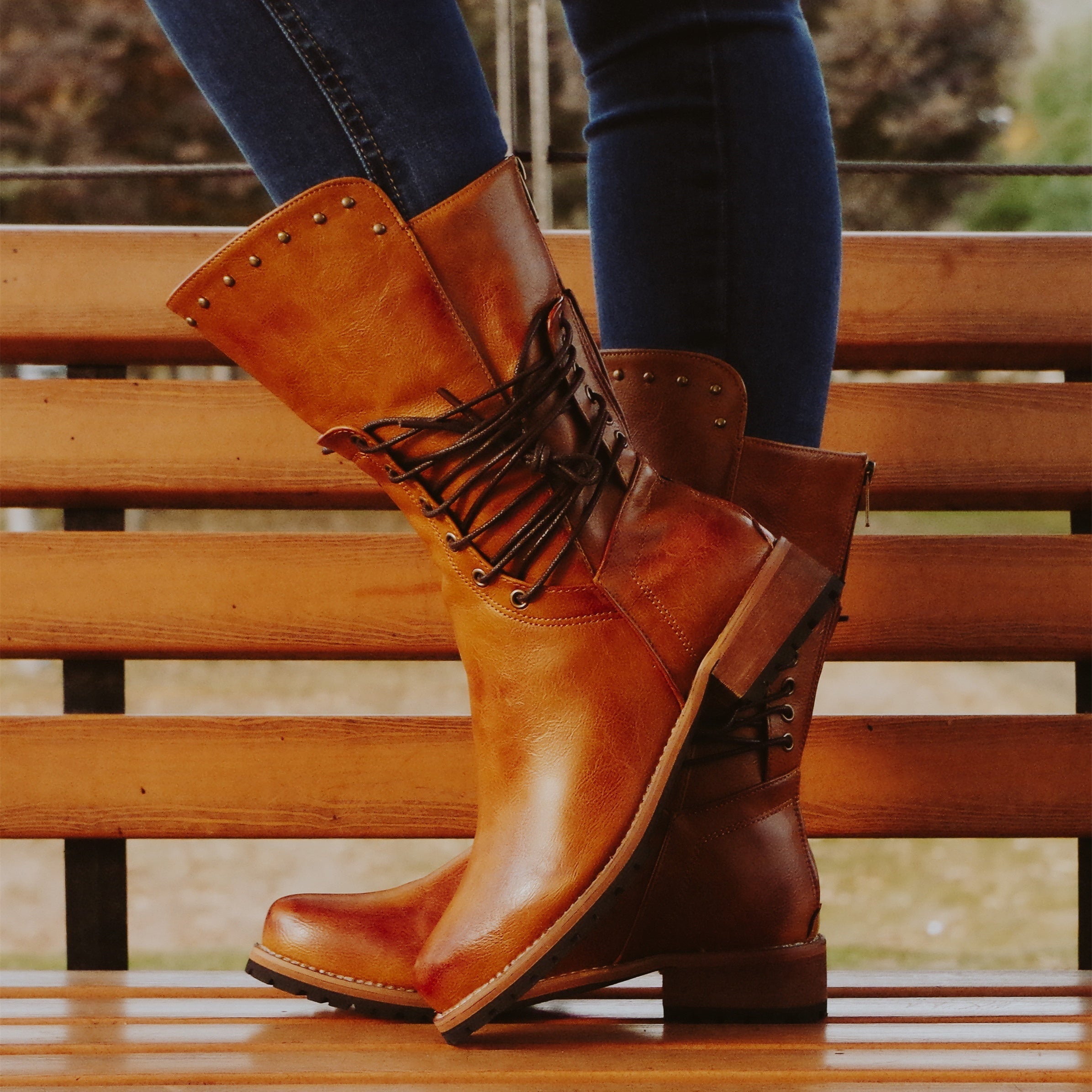 Women's Retro Mid Calf Boots Lace Up Chunky Low Heel Western Boots