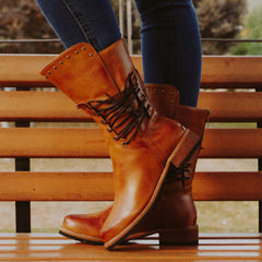 Women's Retro Mid Calf Boots Lace Up Chunky Low Heel Western Boots