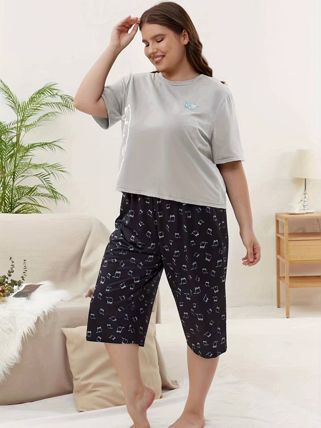 Women's Plus Cat Print Short Sleeve Top & Pants Home Wear Two Piece Set