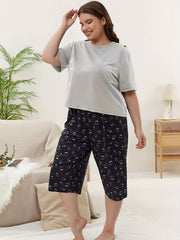 Women's Plus Cat Print Short Sleeve Top & Pants Home Wear Two Piece Set