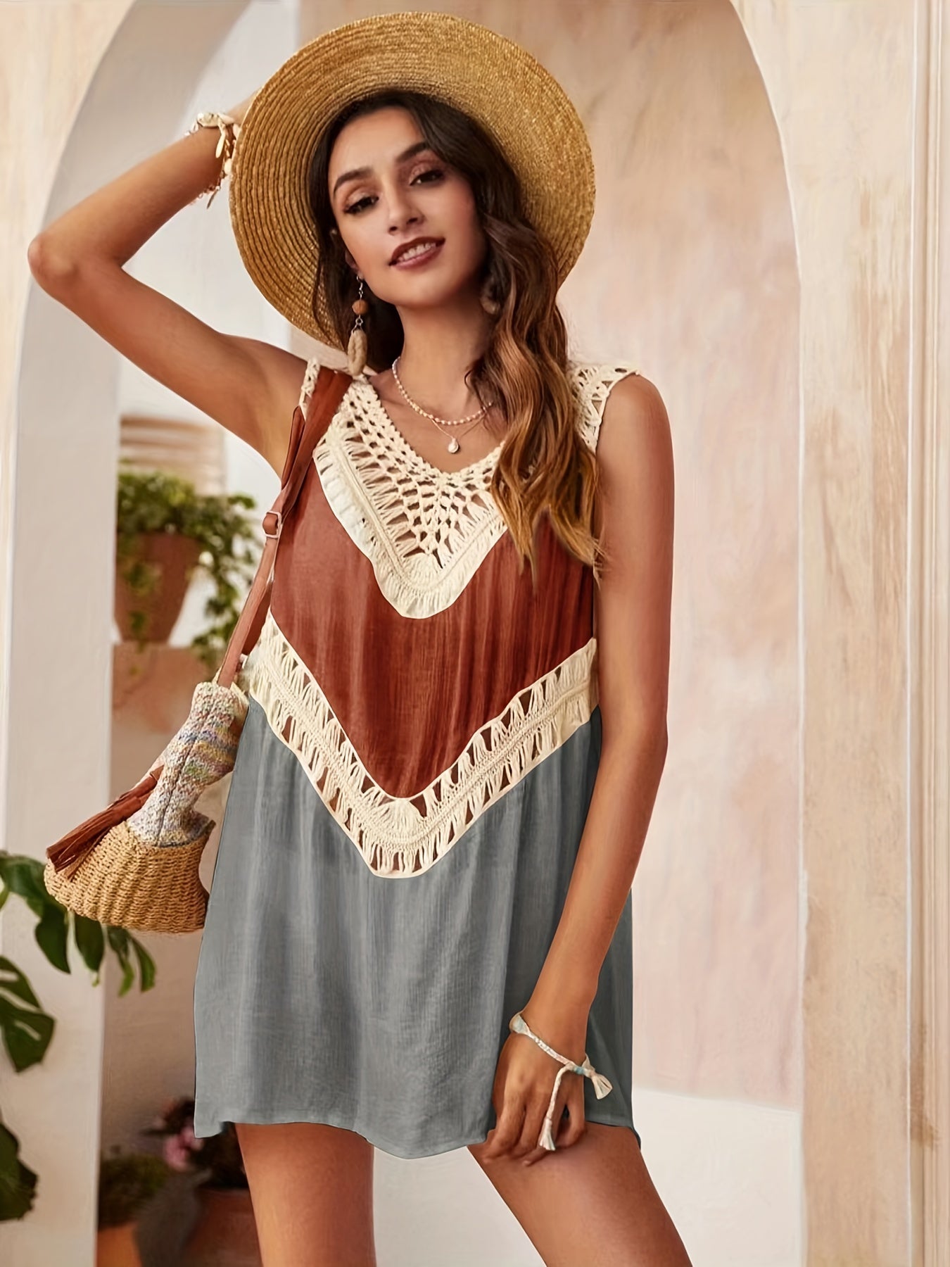 Colorblock Crochet Cover Up Shirt Hollow Out V Neck Casual Cover Dress