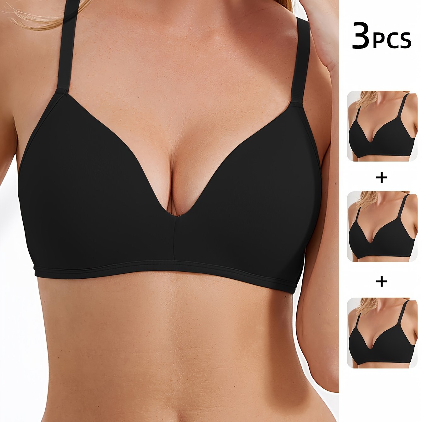 3pcs Solid T Shirt Bras Comfy & Breathable Push Up Bra Women's Lingerie
