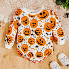 Baby Girls Pumpkin Head Full Print Pullover Romper Creeper