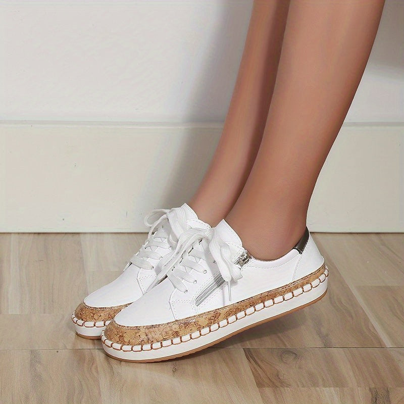 Women's Side Zipper Flat Shoes Lightweight Lace Up Outdoor Shoes