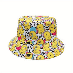 Yellow Duck Print Bucket Hat Reversible Cartoon Travel Beach Hats Unisex
