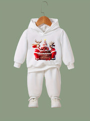 Reindeer & Christmas Cake Print Girls Hoodies Jogger Pants Set