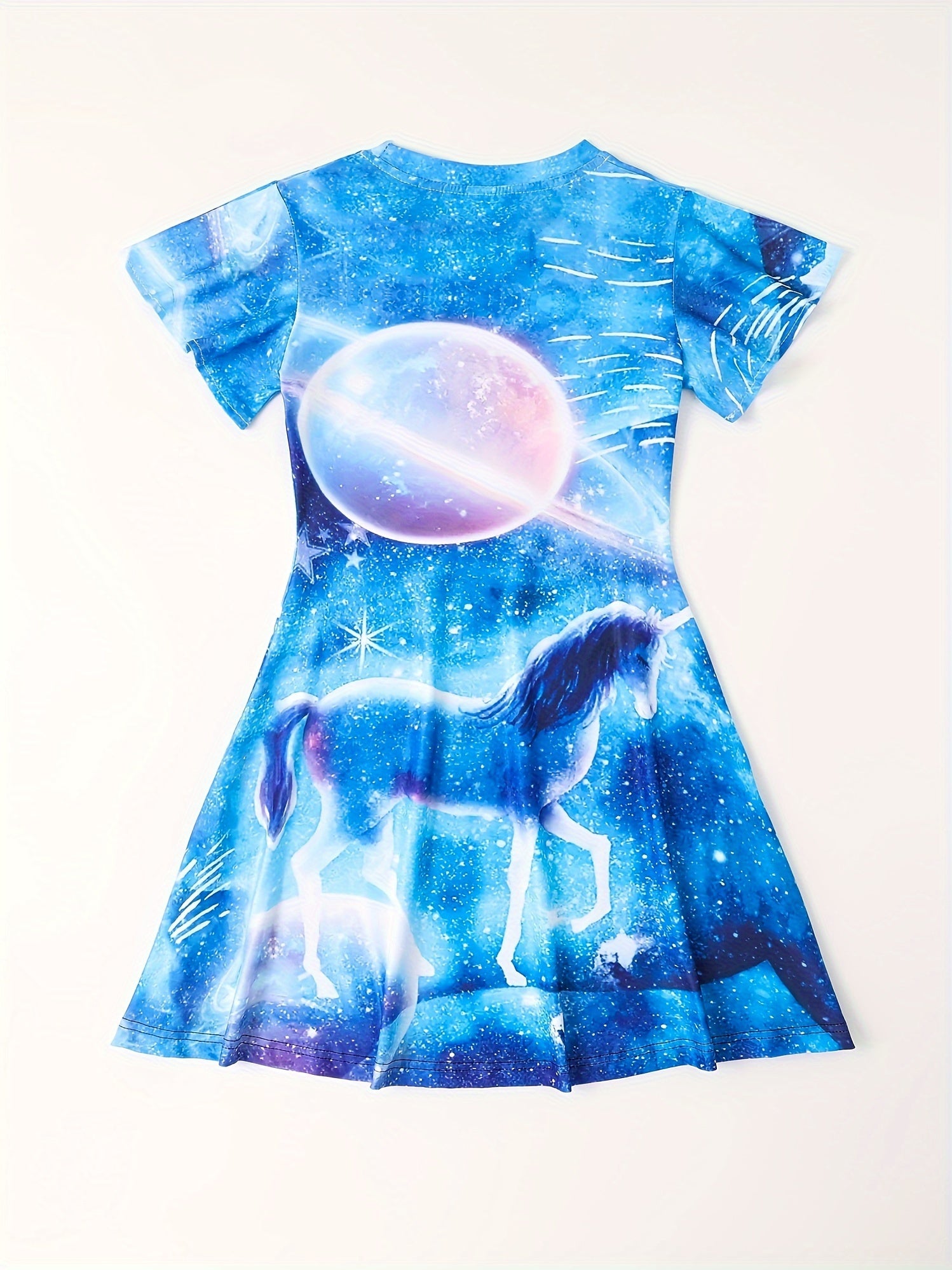 3D Unicorn Graphic Short Sleeve Dress for Girls Summer Gift Party
