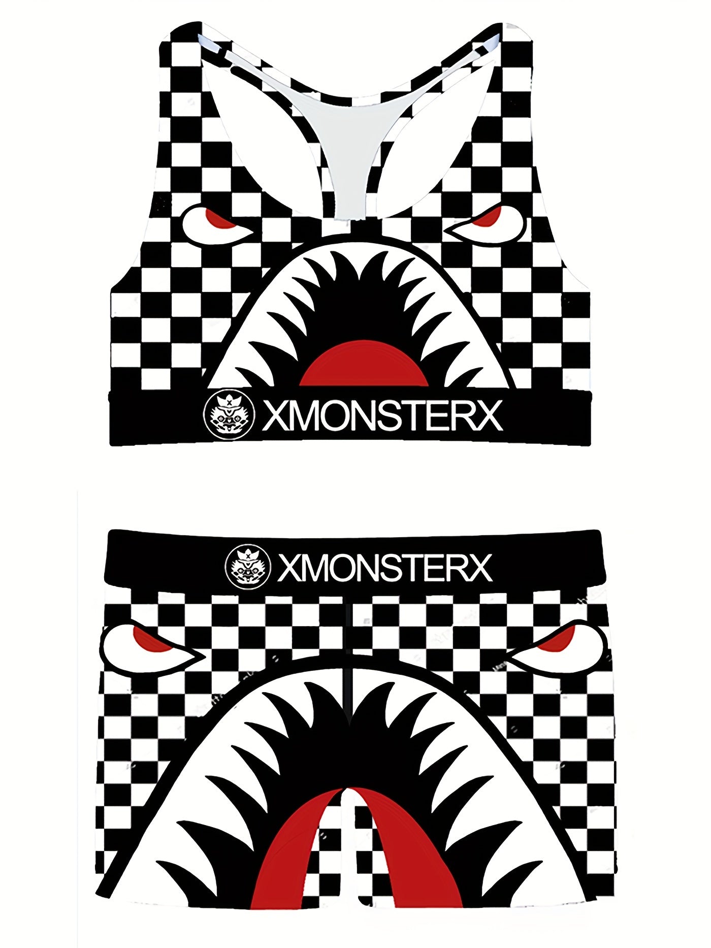 Girls Monster Graphic Plaid Activewear Set - Top & Shorts