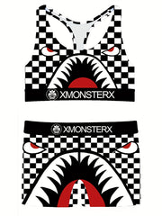 Girls Monster Graphic Plaid Activewear Set - Top & Shorts