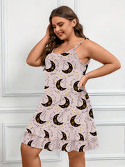 Heart Moon Print Nightdress Round Neck Ruffle Trim
