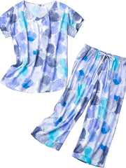 Colorblock Print Pajama Set V Neck Short Sleeve Top & Pants