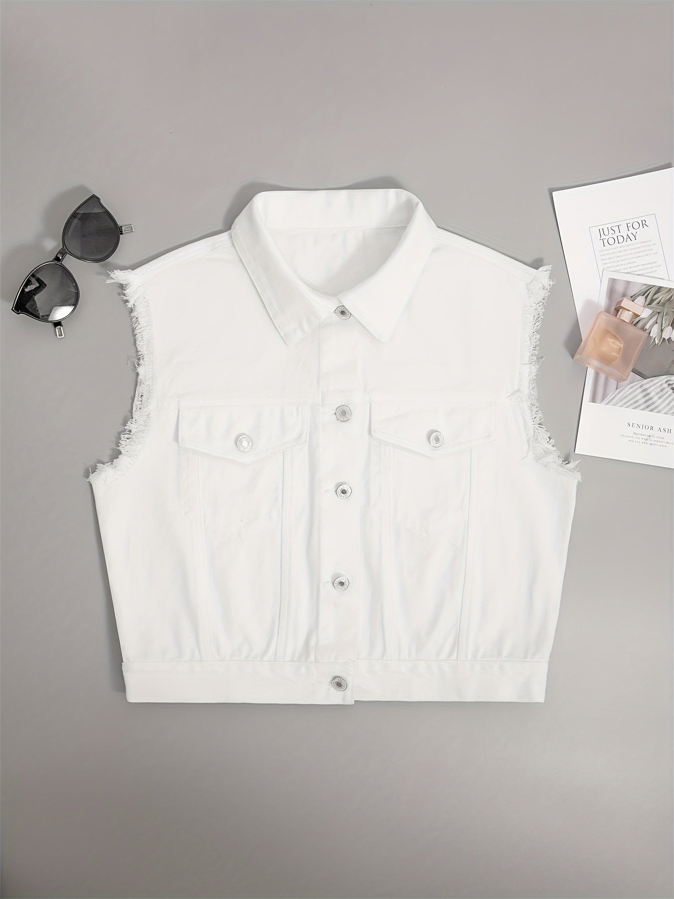 Sleeveless Denim Vest Flap Pockets Lapel Denim Jacket Women's Clothing