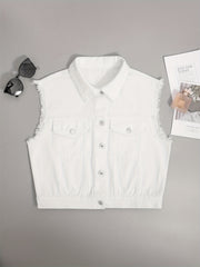 Sleeveless Denim Vest Flap Pockets Lapel Denim Jacket Women's Clothing