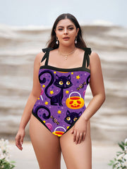 Cat & Pumpkin Print One Piece Swimsuit & Wrap Cover Up Set