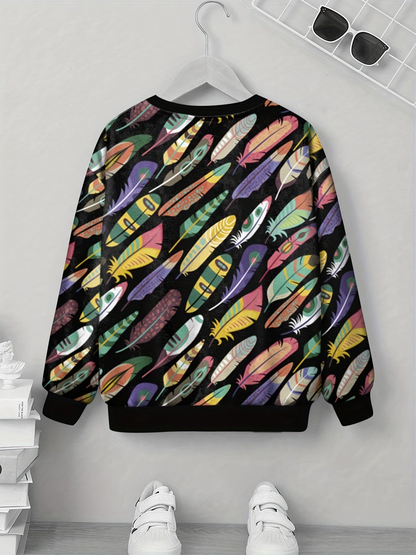 Cartoon Feather Print Kid's Sweatshirt Unisex Pullover Long Sleeve Top