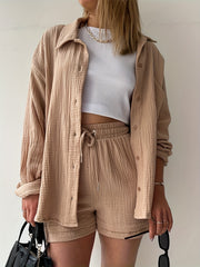 Solid Pocket Matching Set Long Sleeve Shirt & Drawstring Shorts
