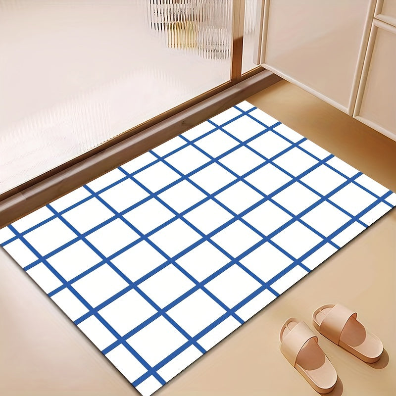 Plaid Pattern Bath Rug Soft Absorbent Non-slip Bath Mat Diatom Mud Material