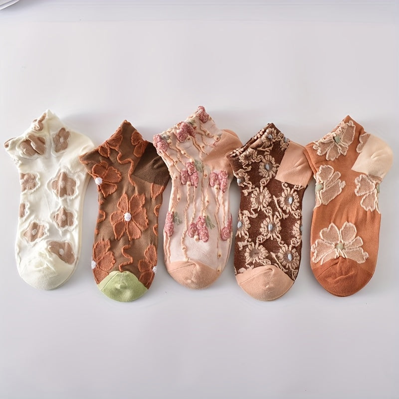 5 Pairs Flower Embossed Short Socks Colorblock Ankle Stockings Women's Hosiery