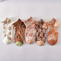 5 Pairs Flower Embossed Short Socks Colorblock Ankle Stockings Women's Hosiery