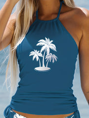 Coconut Tree Print Halter 2 Piece Set Tankini Swimsuit