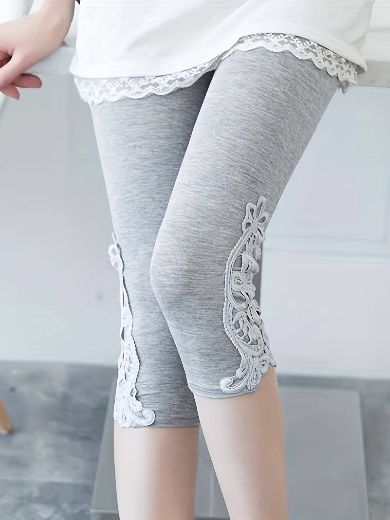 Lace Stitching Skinny Capris Leggings Women's Clothing