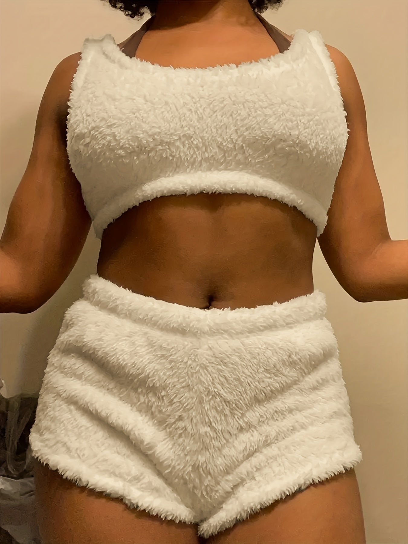 Plush Pajama Set Sleeveless Tank Top & Shorts PJ Set Women's Sleepwear