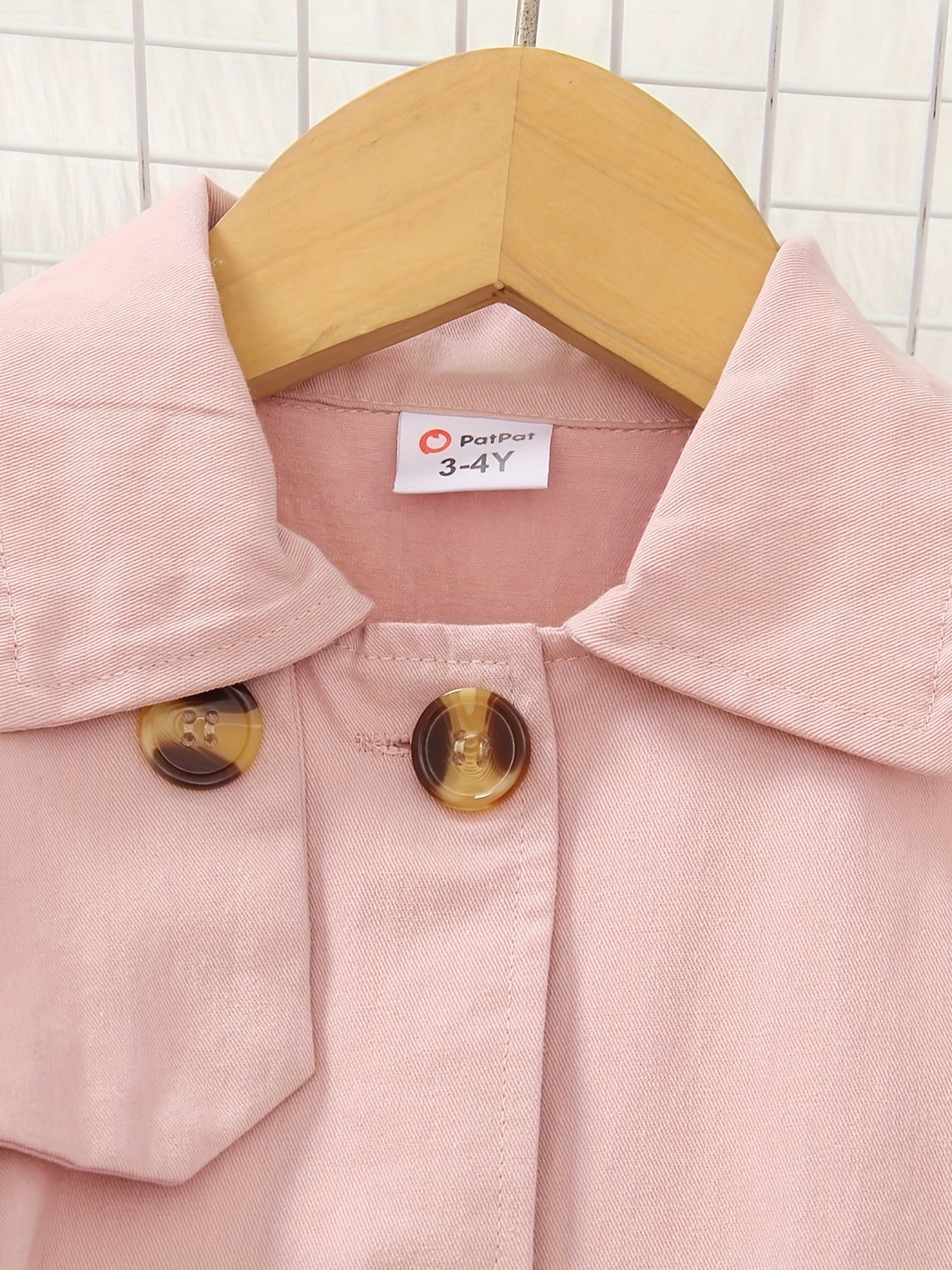 Toddler Girl Lapel Collar Belted Pink Trench Coat Casual Button Windbreaker
