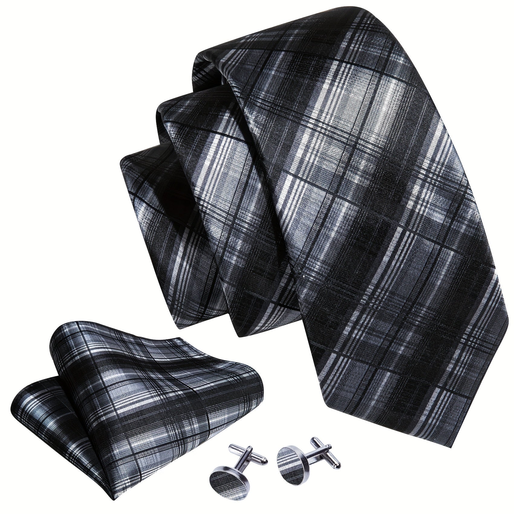 Classic Men's Ties Striped Plaid Necktie Handkerchief Cufflinks