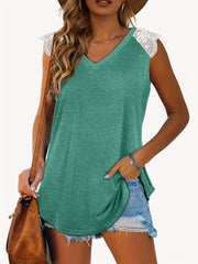 V Neck Tank Top Lace Stitching Sleeveless Summer Casual