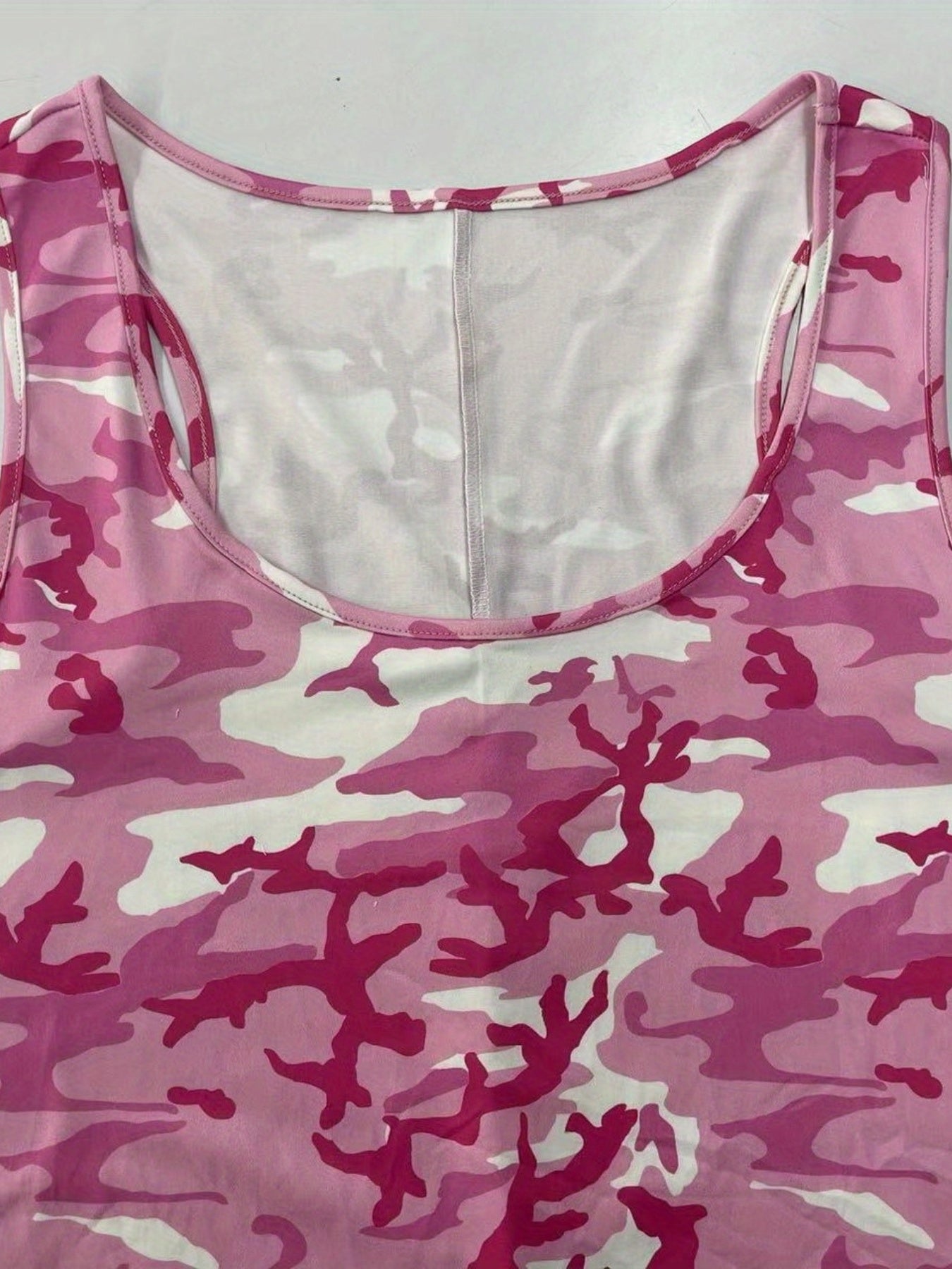 Camo Print Tank Top Round Neck Stretchy Sleeveless Casual Tee