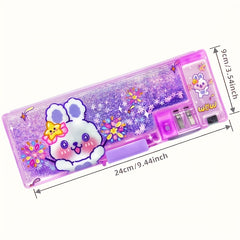 Purple Sequin Quicksand Pencil Case with Rabbit Print Sharpener & Lock