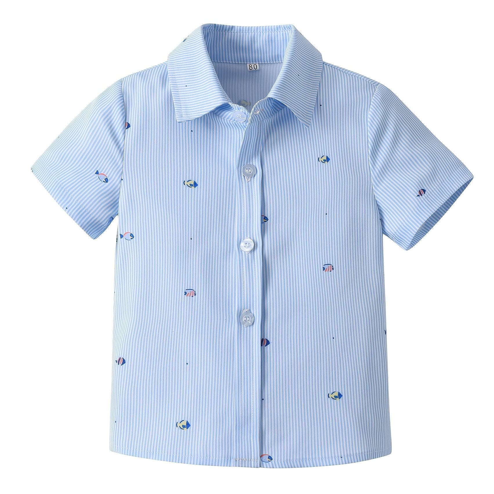 Boys Fish Print Striped Button Short Sleeve Shirts