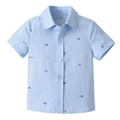 Boys Fish Print Striped Button Short Sleeve Shirts