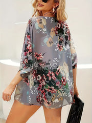 Floral Print Open Front Chiffon Cardigan Cover Up Loose Fit 3/4 Sleeve