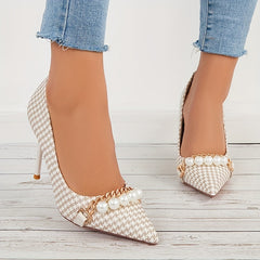 Houndstooth High Heels Faux Pearl Chain Pointed Toe Stiletto Heels