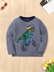 Dinosaur & Bike Print Kid's Pullover Stripe Pattern Cotton Long Sleeve Top