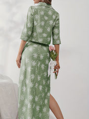 Coconut Tree Print 2pc Set Cropped Shirt & Split Skirt