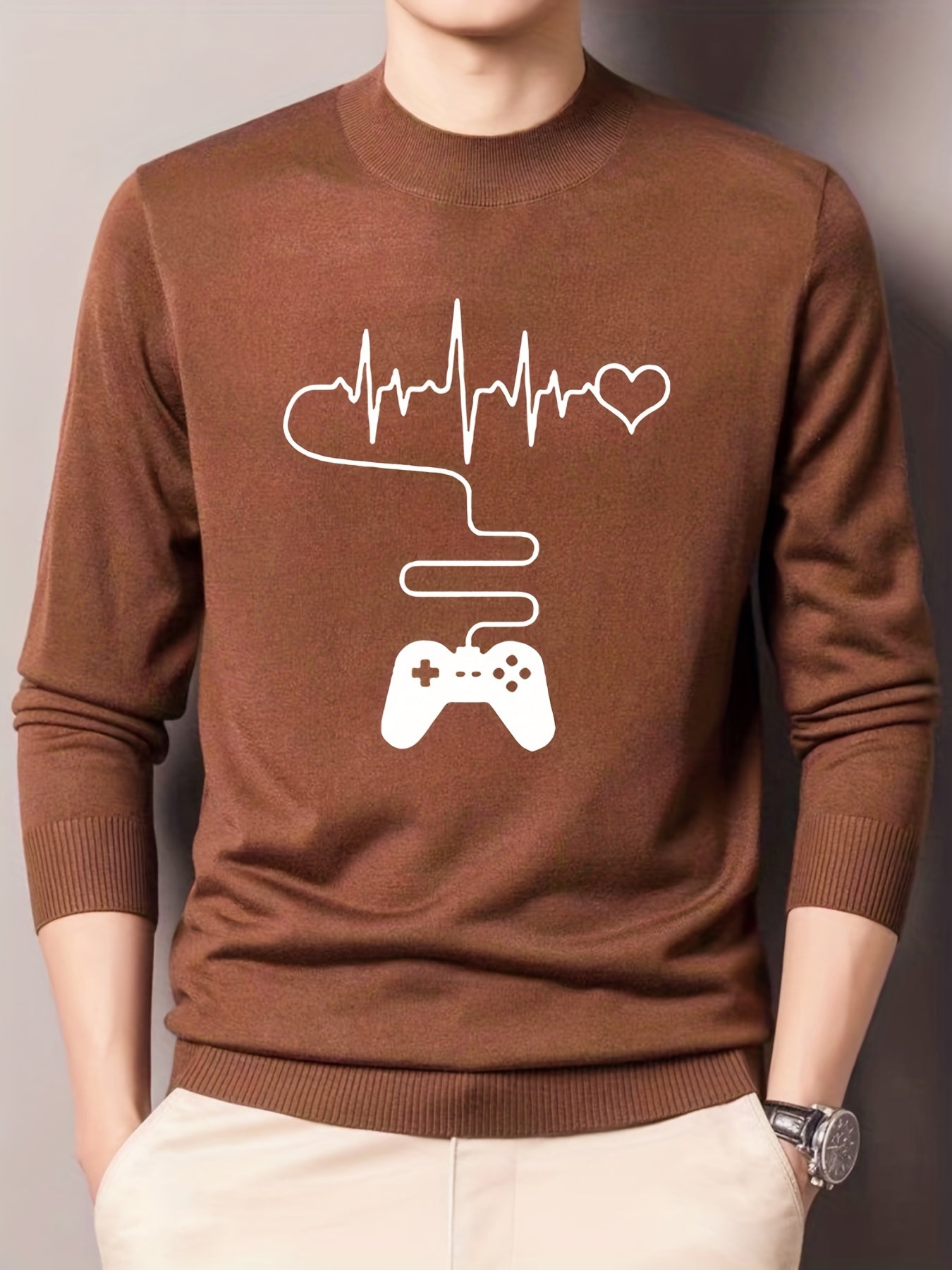 Gamepad & Heartbeat Pattern Knitted Sweater Men's Casual Warm Crew Neck Pullover