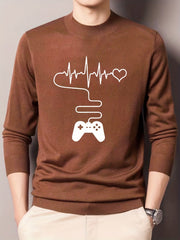 Gamepad & Heartbeat Pattern Knitted Sweater Men's Casual Warm Crew Neck Pullover
